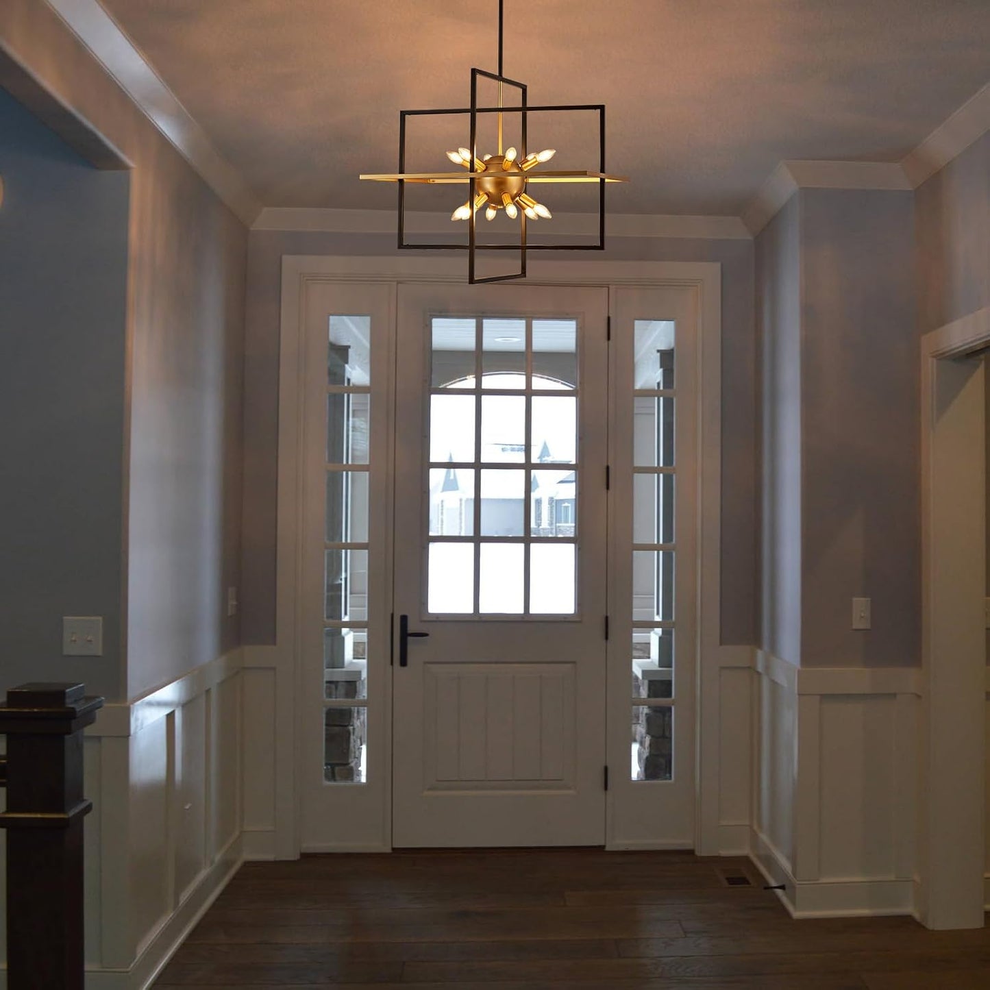 31.5'' Large Modern Lantern Chandeliers, 12-Light Black Gold Geometric Pendant Light Fixture, Industrial Hanging Chandelier for Entryway Foyer Hallway Dining Room, Kitchen Island