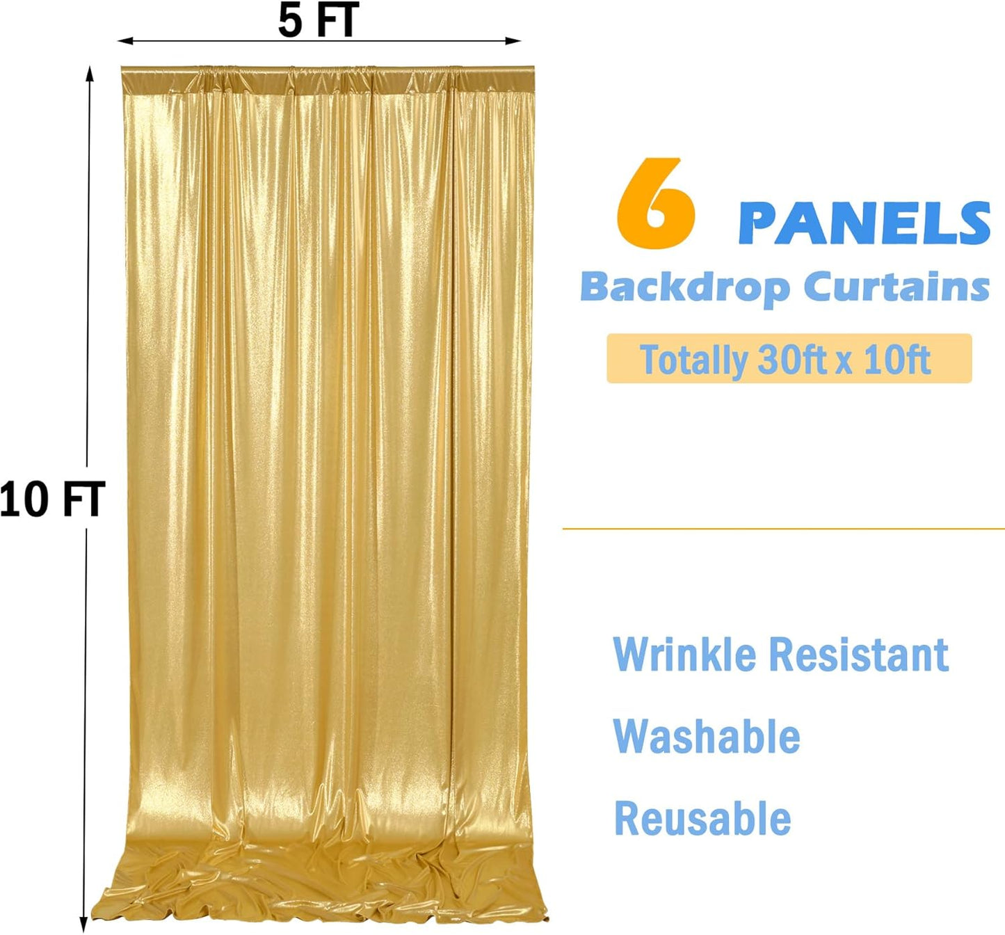 30ft x 10ft Gold Sequin Backdrop Curtain for Parties, Wrinkle Free Thick Glitter Photo Backdrop Drapes 6 Panels 5x10FT Back Drop Cloth Shiny Fabric for Wedding Birthday Photography Background