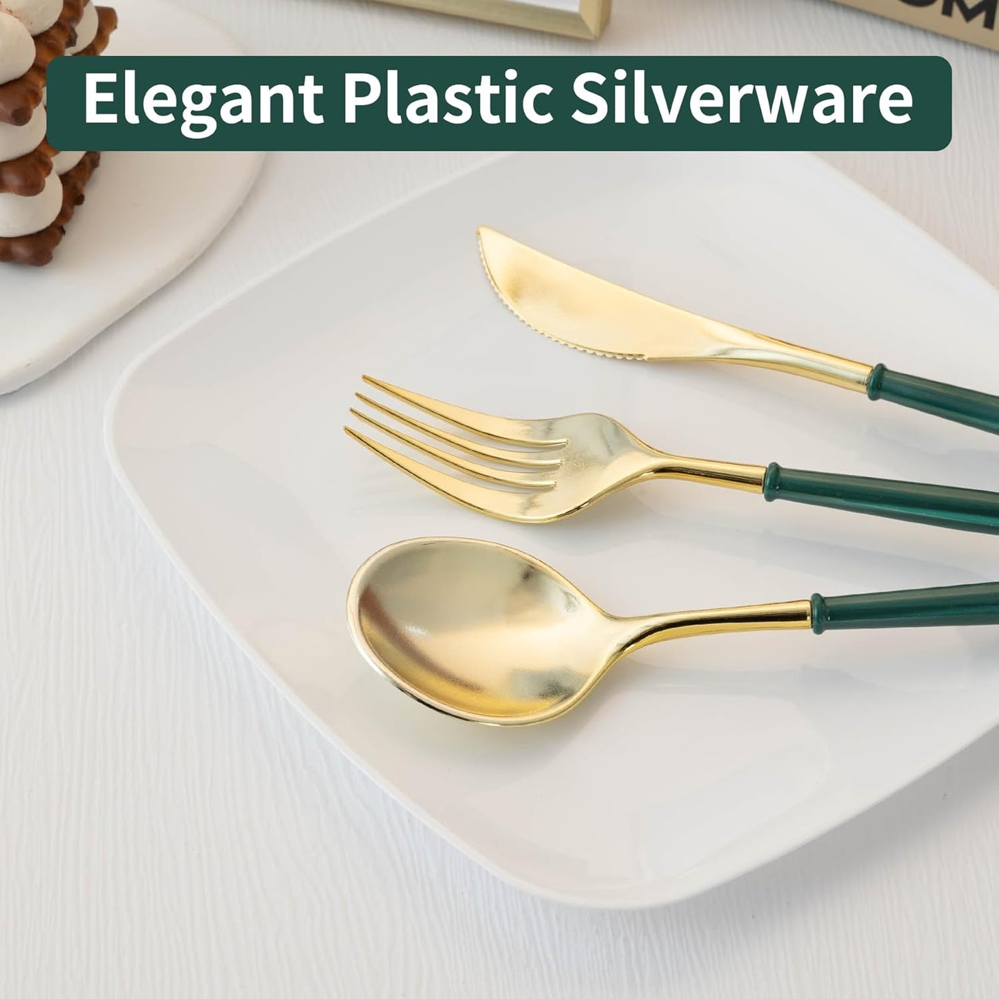 Lullaby 90PCS Gold Plastic Silverware - Utensils Plastic Disposable with Green Handles, Gold Plastic Cutlery with 30 Knives, 30 Forks, 30 Spoons, Ideal for Wedding, Party, Gathering, Daily Use