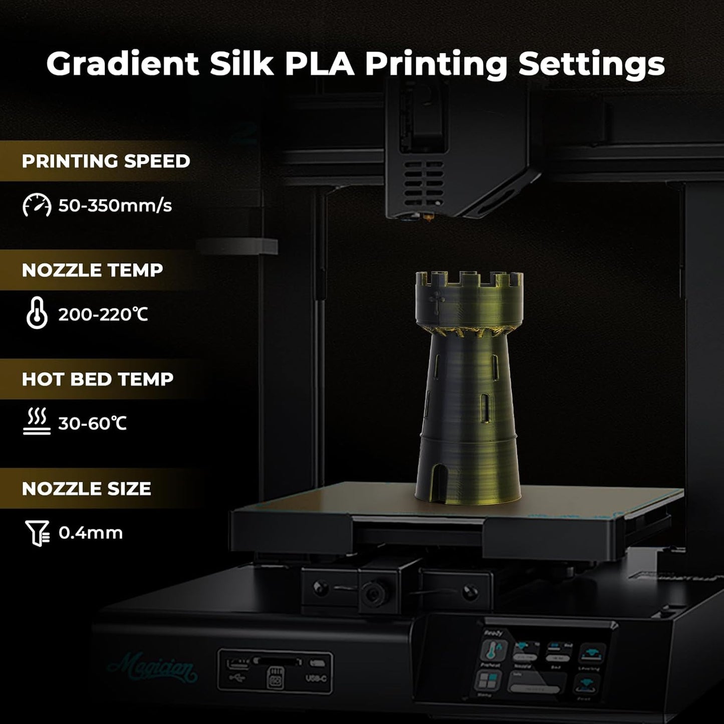 AMOLEN Silk PLA 3D Printer Filament, Dual Color Black Gold PLA 1.75mm, Shiny Color Change Filament 3D Printing PLA Filament for Most FDM 3D Printer, 1kg Spool(2.2lbs)