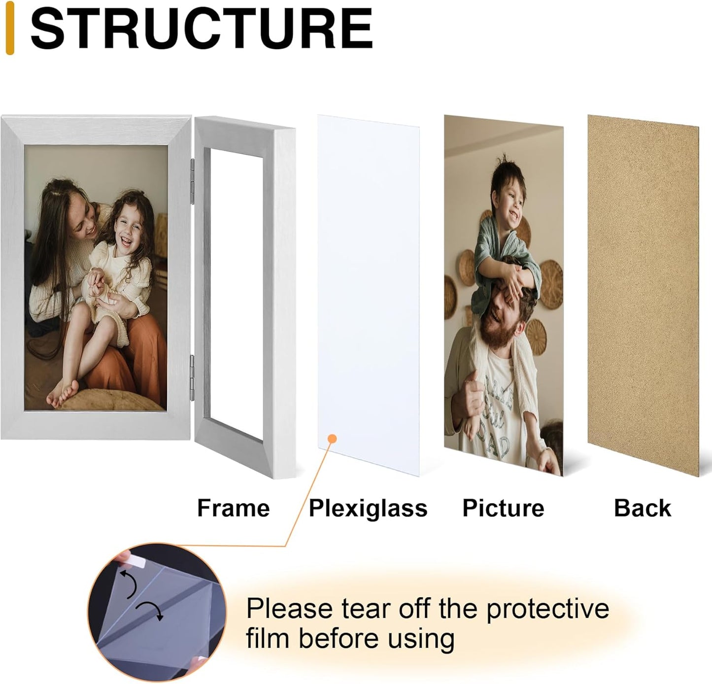 decorUhome Double 4x6 Picture Frame Vertical, Engineered Wood Bifold Photo Frame with Plexiglass for Tabletop Display, 4x6, Silver