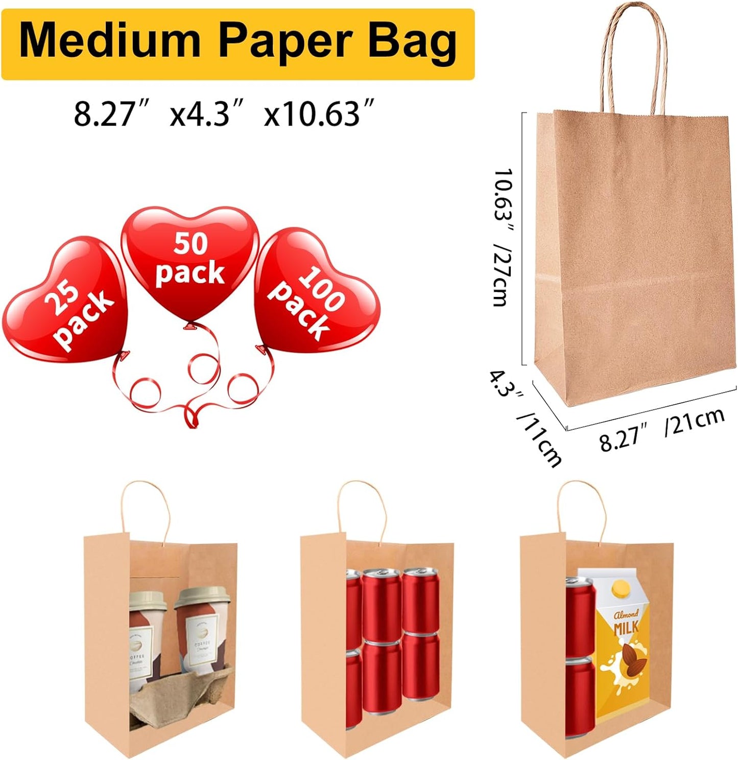 BAG BOX 80Pack Brown Paper Bags, Kraft Paper Shopping Bag with Handles Bulk for Birthday Party Favors Grocery Retail Shopping Business Goody Craft Bags Cub (Brown 80 Count)