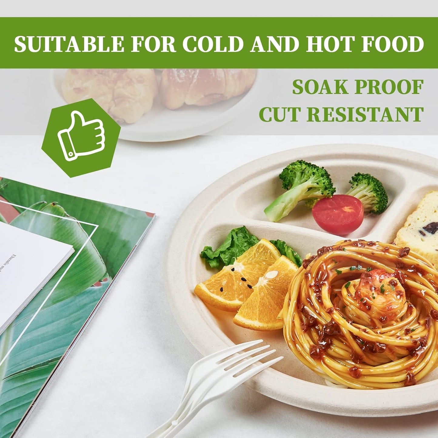 ECOLipak 125 Pack 3 Compartment Plates Disposable, 10 inch Heavy-Duty Compostable Paper Plates Made of Eco-Friendly Sugar Cane Fibers