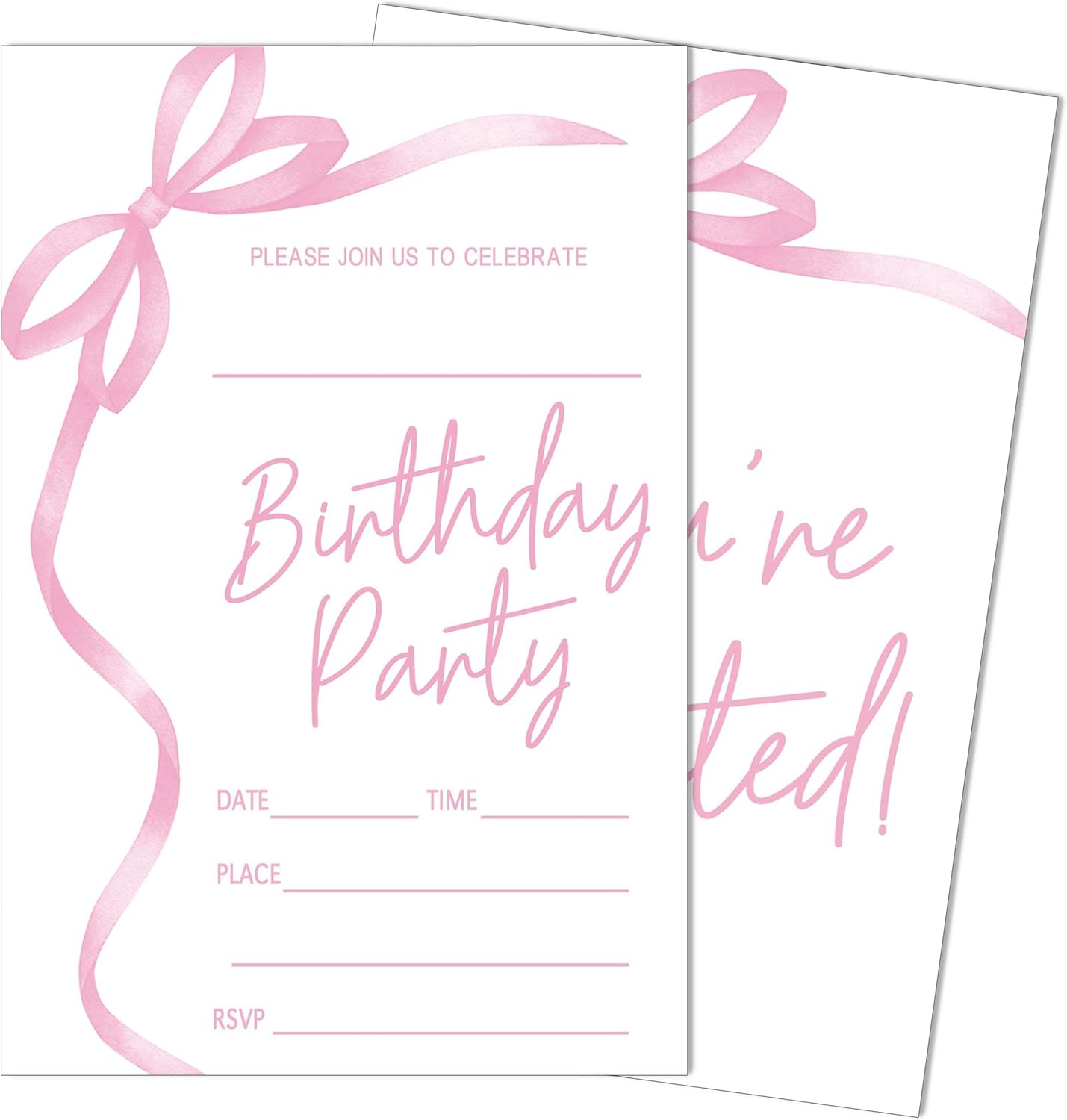 SIXEIGHT Pink Bow Birthday Invitations, Pink Ribbon Bow Birthday Party Invitations, 20 Party Invitations with Envelopes for Girls Boys, Birthday Party Favor & Decoration (4"x6")-A04