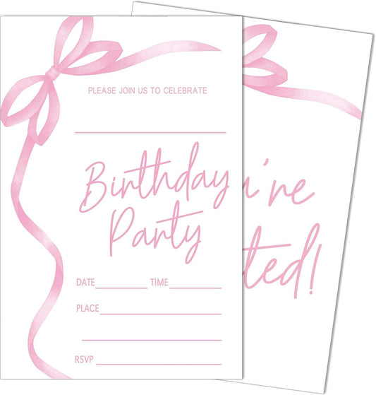 SIXEIGHT Pink Bow Birthday Invitations, Pink Ribbon Bow Birthday Party Invitations, 20 Party Invitations with Envelopes for Girls Boys, Birthday Party Favor & Decoration (4"x6")-A04