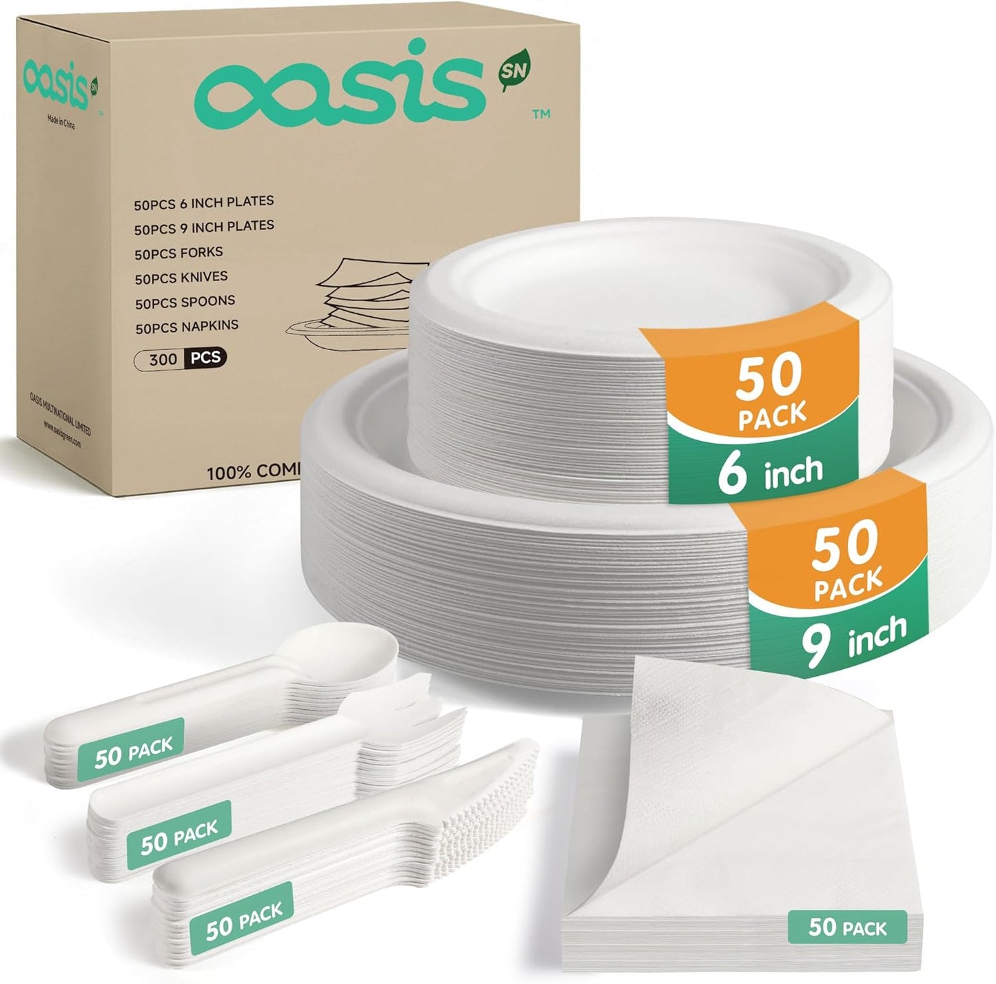 300PCS Disposable Paper Dinnerware Set for 50 Guests, Compostable 50 6“ Dessert Plates, 50 9” Plates, 50 Spoons, 50 Forks, 50 Knives and 50 Napkins, Perfect for Gatherings, Parties (White)