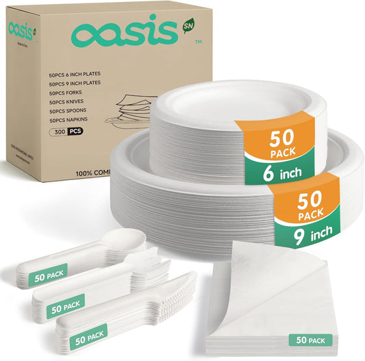 300PCS Disposable Paper Dinnerware Set for 50 Guests, Compostable 50 6“ Dessert Plates, 50 9” Plates, 50 Spoons, 50 Forks, 50 Knives and 50 Napkins, Perfect for Gatherings, Parties (White)