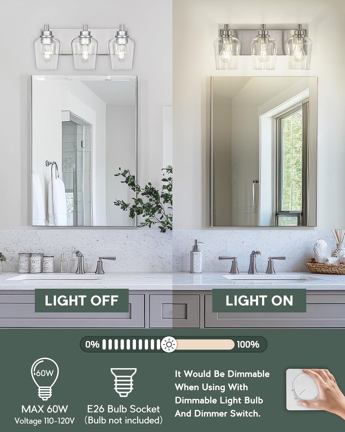 Bathroom Light Fixtures, 3-Light Modern Vanity Light with Clear Glass Wine Glass-Shaped Shade, Vanity Lighting Fixtures Over Mirror, Brushed Nickel, VL155-BN-3