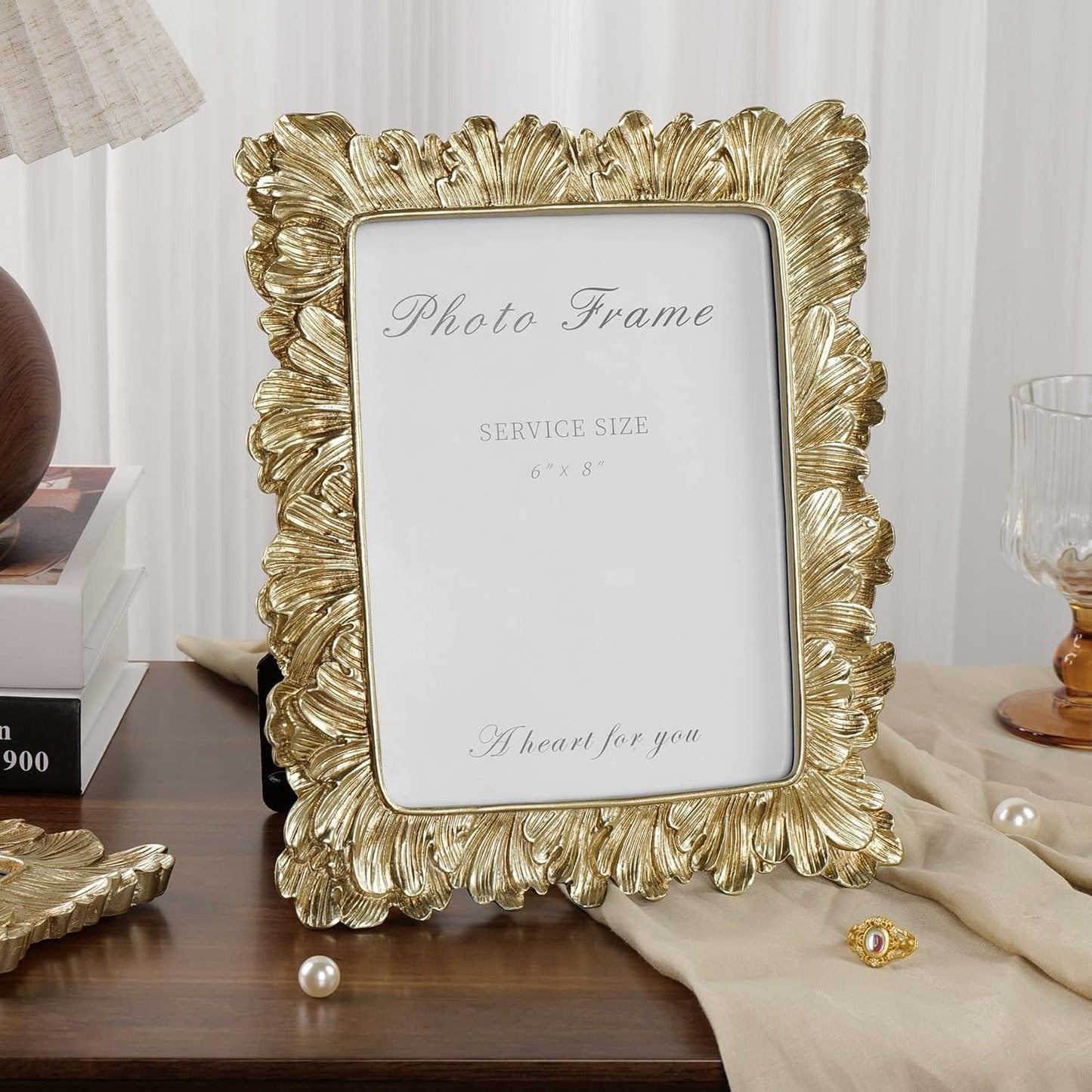 Cuspin 6x8 Picture Frame Vintage Gold Frames, Gold Palm Leaves Textured Hand-Crafted Resin Frames with Glass Front, Elegant Retro Decorative Photo Frame for Wall and Tabletop Display Home Decor