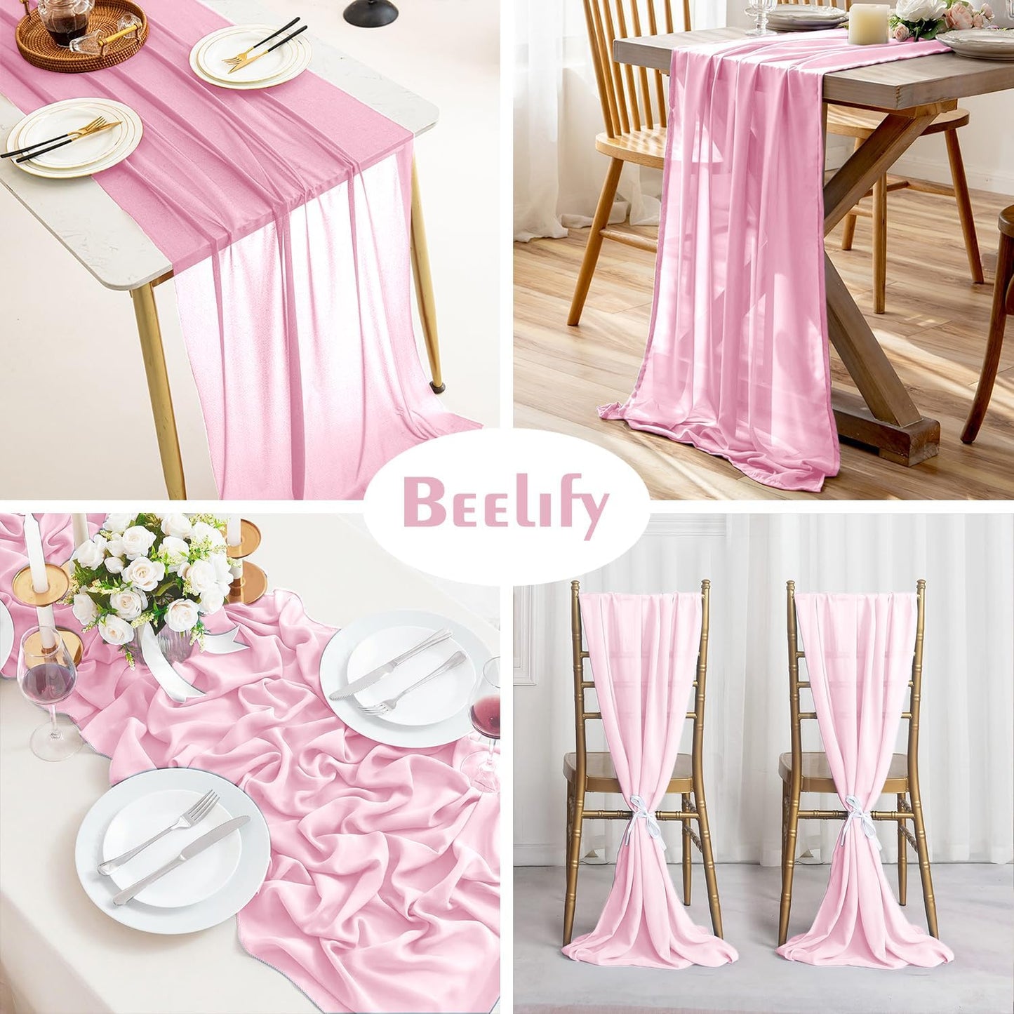 2 Pack 10 Ft Chiffon Table Runner Light Pink Gauze Long Table Runners 27x120 Inches Sheer Tulle Table Runner for Rustic Wedding Reception Bridal Shower Decorations Birthday Party