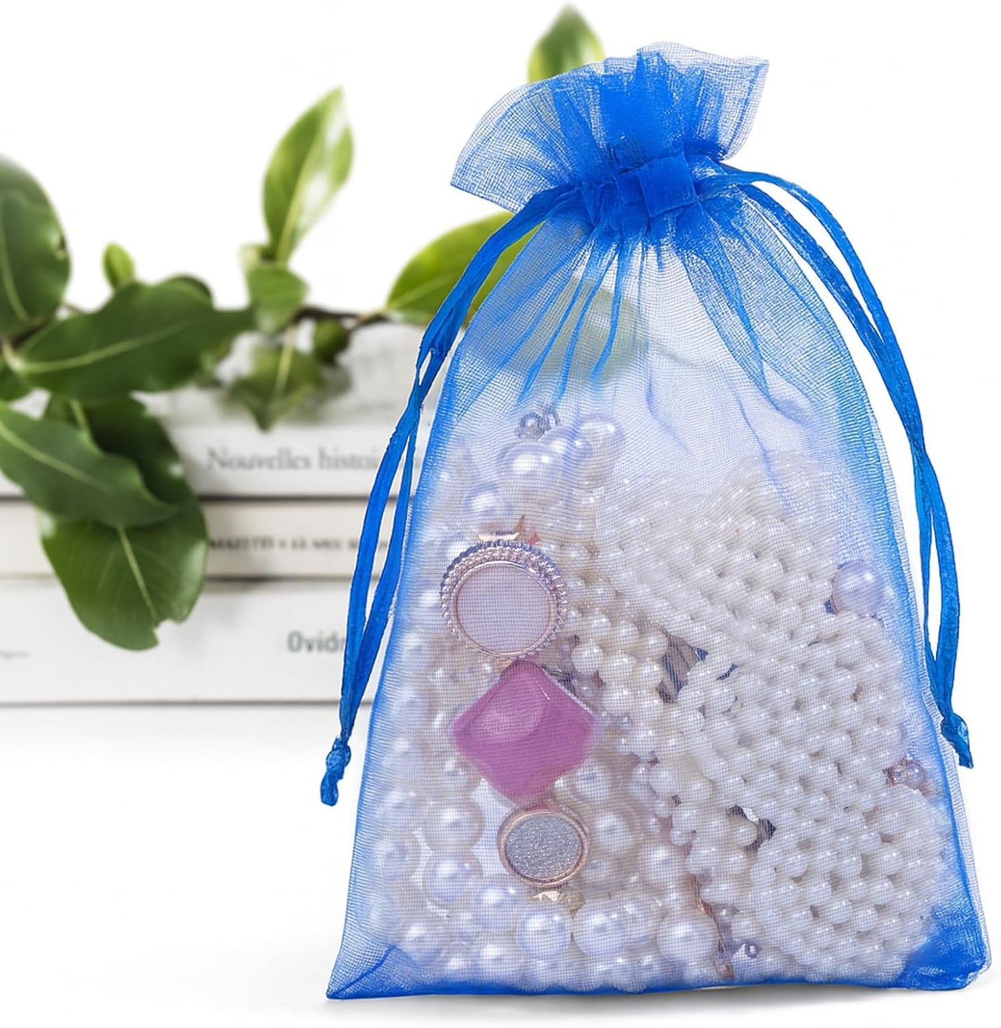 ANZNKU 50 Pack Organza Bags 4x6 Inch, Small Mesh Bag Drawstring Jewelry Pouches, Organza Gift Bags for Baby Shower, Party Favors(Royal Blue)