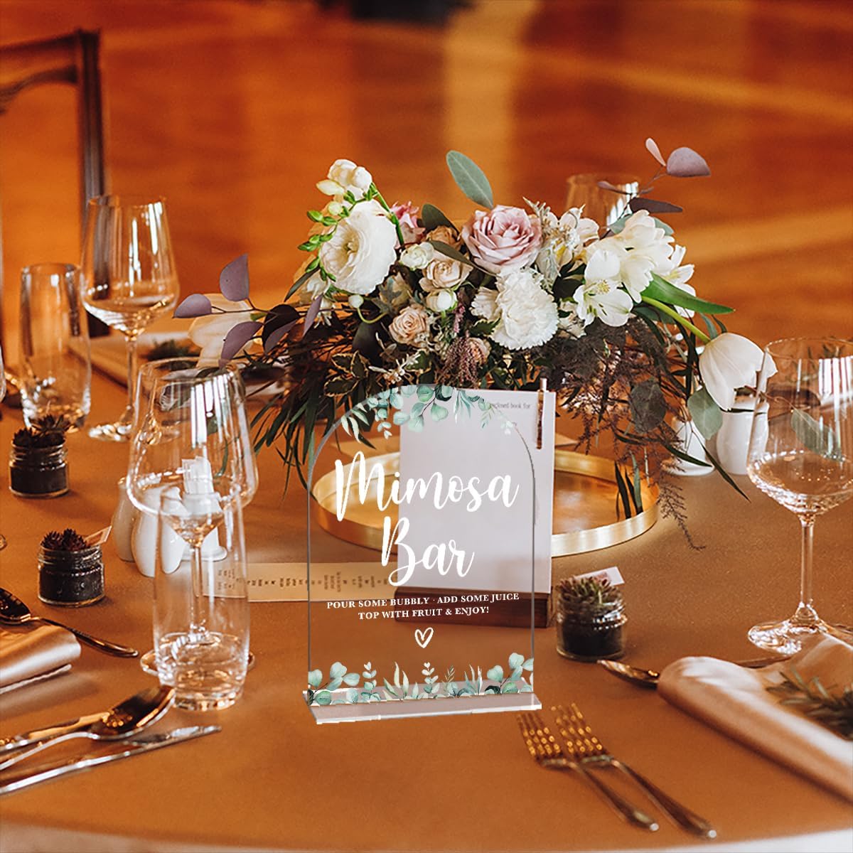 Acrylic Wedding Signs, Bridal Shower Decorations, Mimosa Bar Signs for Reception, Modern Calligraphy Arch Acrylic Table Top Sign for Wedding Reception and Engagement Parties (Clear Eucalyptus Leaves)