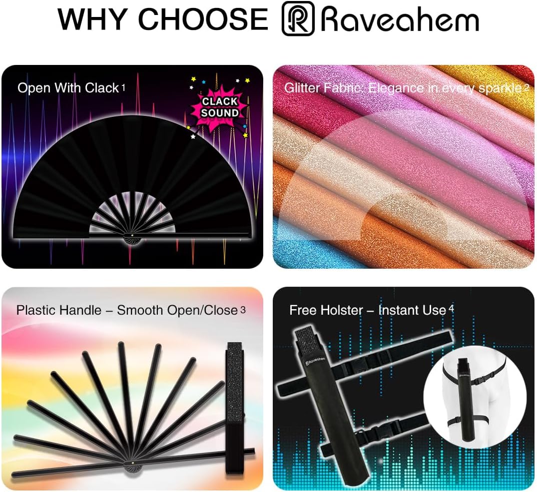 13" Large Folding Rave Fan with Holster, Clack Hand Fans Foldable for Line Dancing, Boots On The Ground Fan for Women Men Festival EDM Party Decoration, Glitter Pink