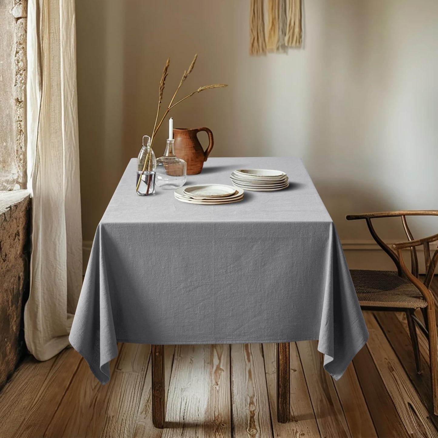 MIULEE Linen Cotton Blend Tablecloth Rectangle, Luxury Waterproof Stain Resistant Durable Farmhouse Oblong Table Cloth for Dining Party Christmas Weddings Birthday, 52 x 70 inch, Light Grey