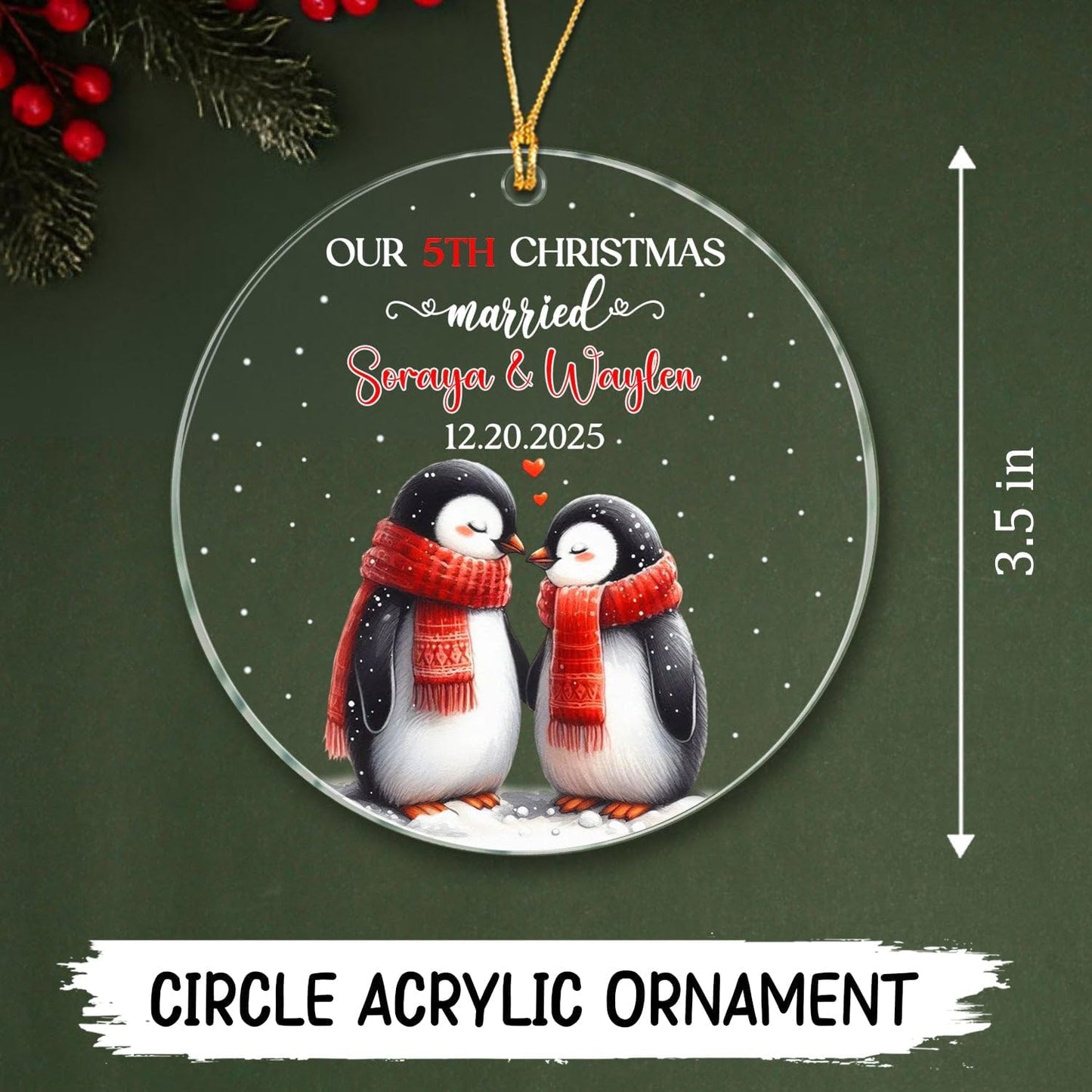 Our 5TH Christmas Married Ornament 2025, Customized Date & Name Mr & Mrs Penguin Xmas Ornament Gift for Married Couple, Personalized Mr & Mrs Penguin Marriage Ornaments for 5th Anniversary Together