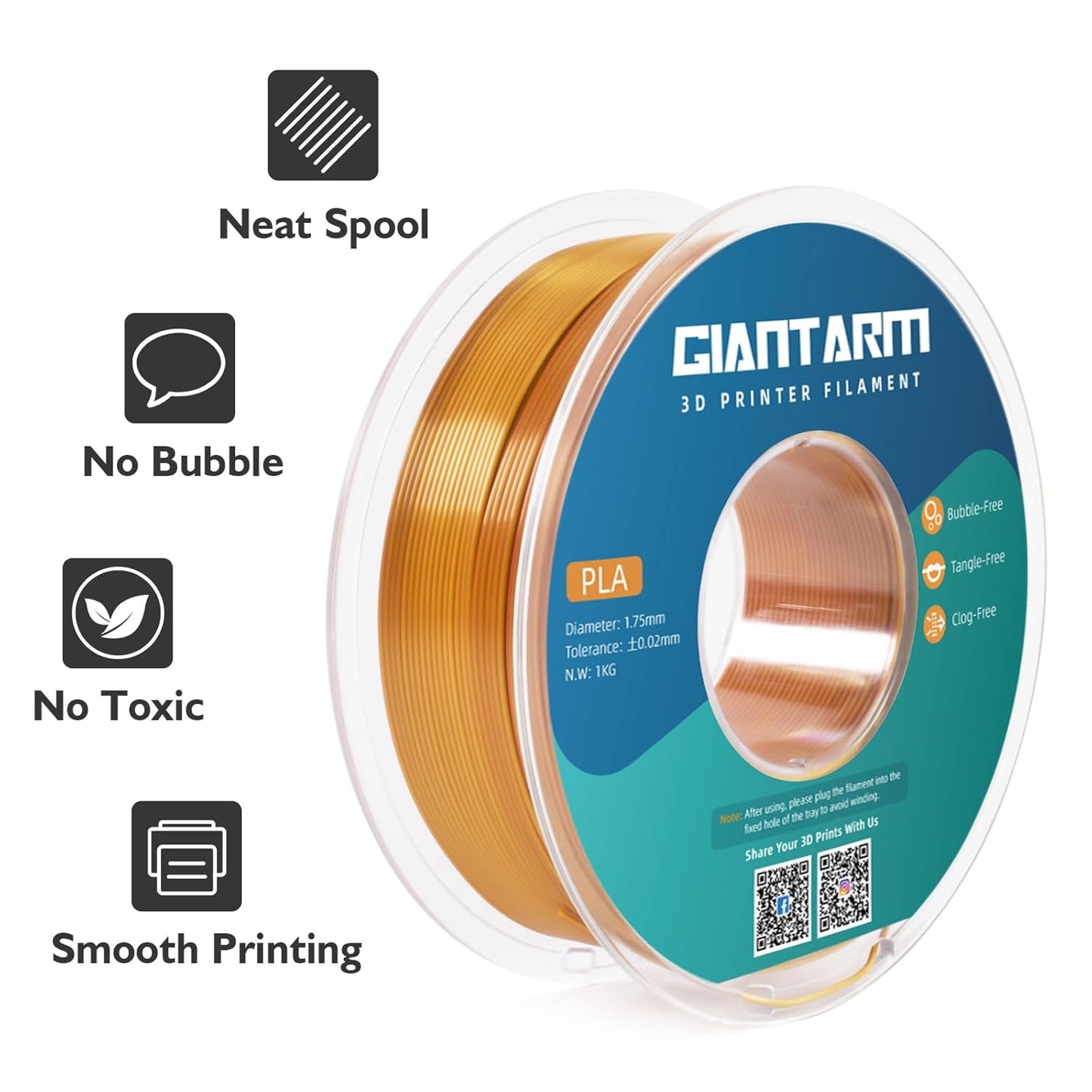 GIANTARM Dual Color PLA Filament, Silk PLA Filament 1.75mm +/-0.02mm,1KG Spool(2.2lbs) Vacuum Packaging, 3D Printing Filaments Fit Most FDM Printer