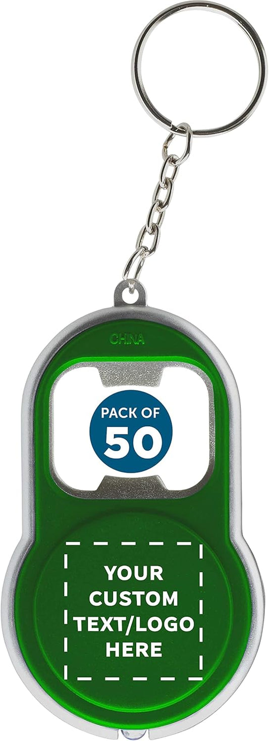 DISCOUNT PROMOS Custom Bottle Opener & LED Keychains Set of 50, Personalized Bulk Pack - Perfect for Tradeshows, Party Favors, Other Events - Green