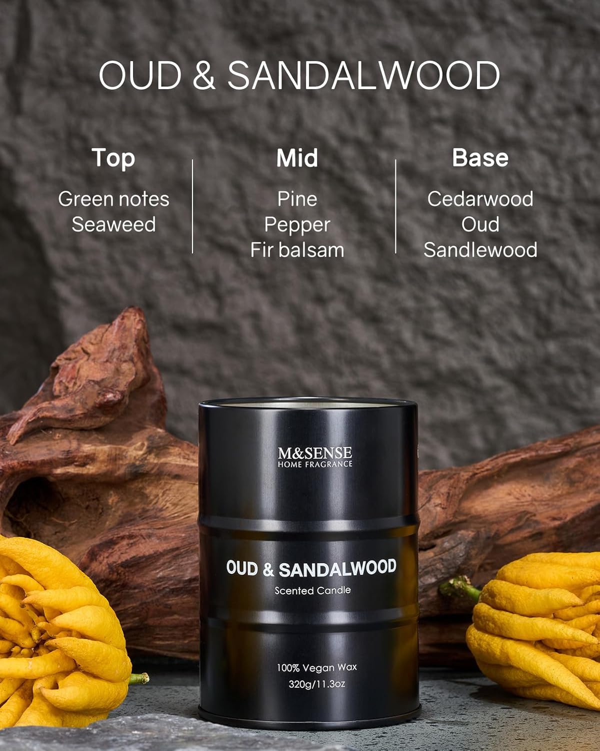 M&SENSE Scented Candle, Oud Sandalwood Medium Jar Candle Gifts for Men, 70 Hours Slow Burning Natural Soy Candles 11.3oz, Stress Relief Aromatherapy Candles Home Decor, Valentines Day Gifts for Him