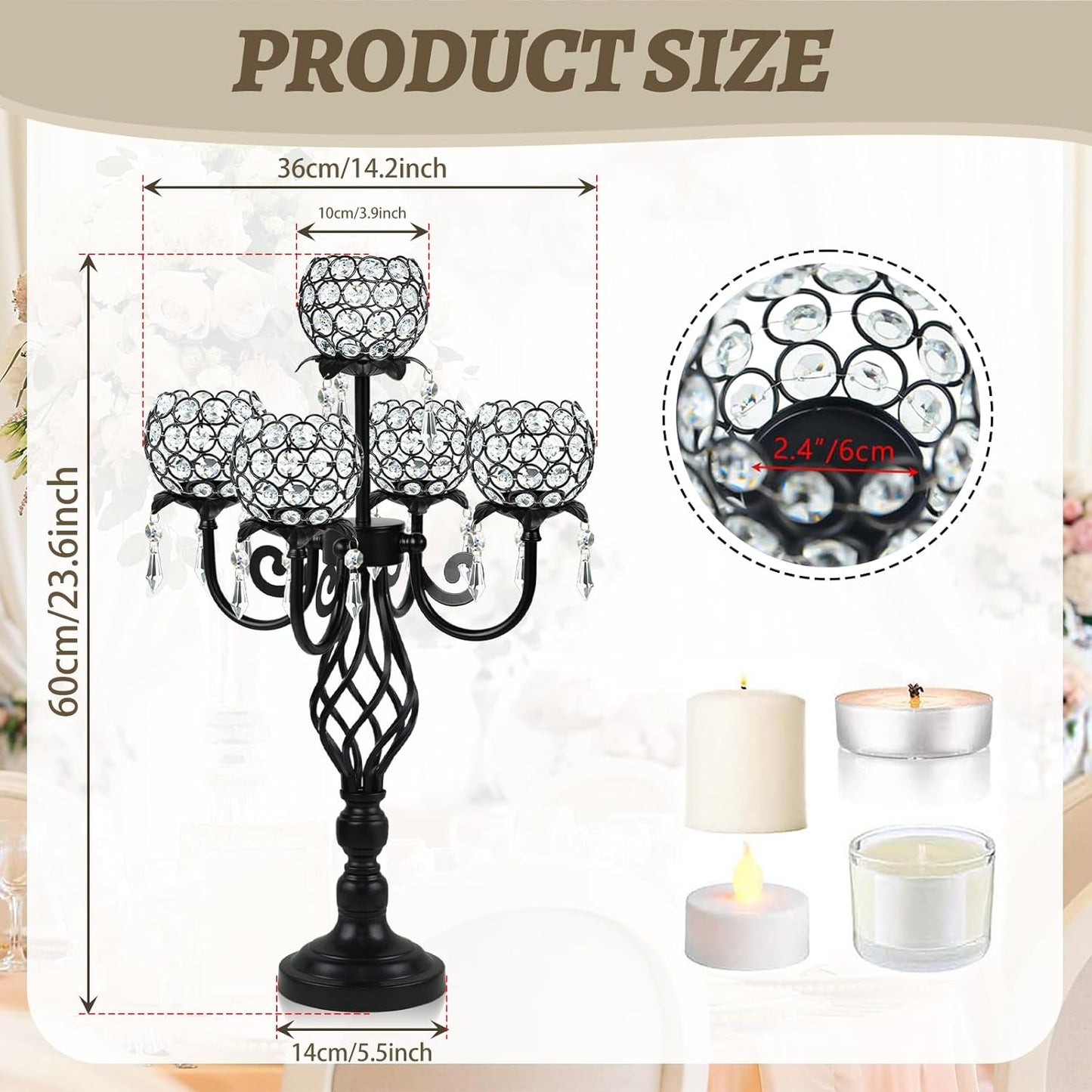 5-Arm Crystal Candelabra Centerpiece 23.2" Tall - Elegant Candle Holder Stand with Crystal Bowl, Chic Table Decor for Weddings, Parties, Anniversary & Home Decoration (2, Black)