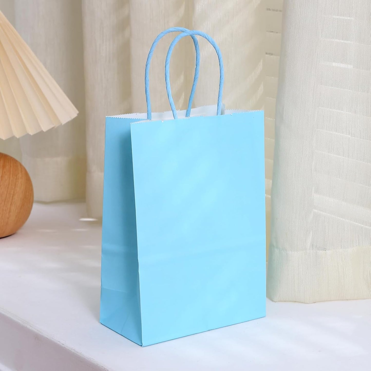 piqiya Small Plain Natural Paper Kraft Gift Bags with Handles Light Blue Paper Bags for Eid Birthday Party Grocery Retail Business Goody Craft Bag (Blue，24pcs)