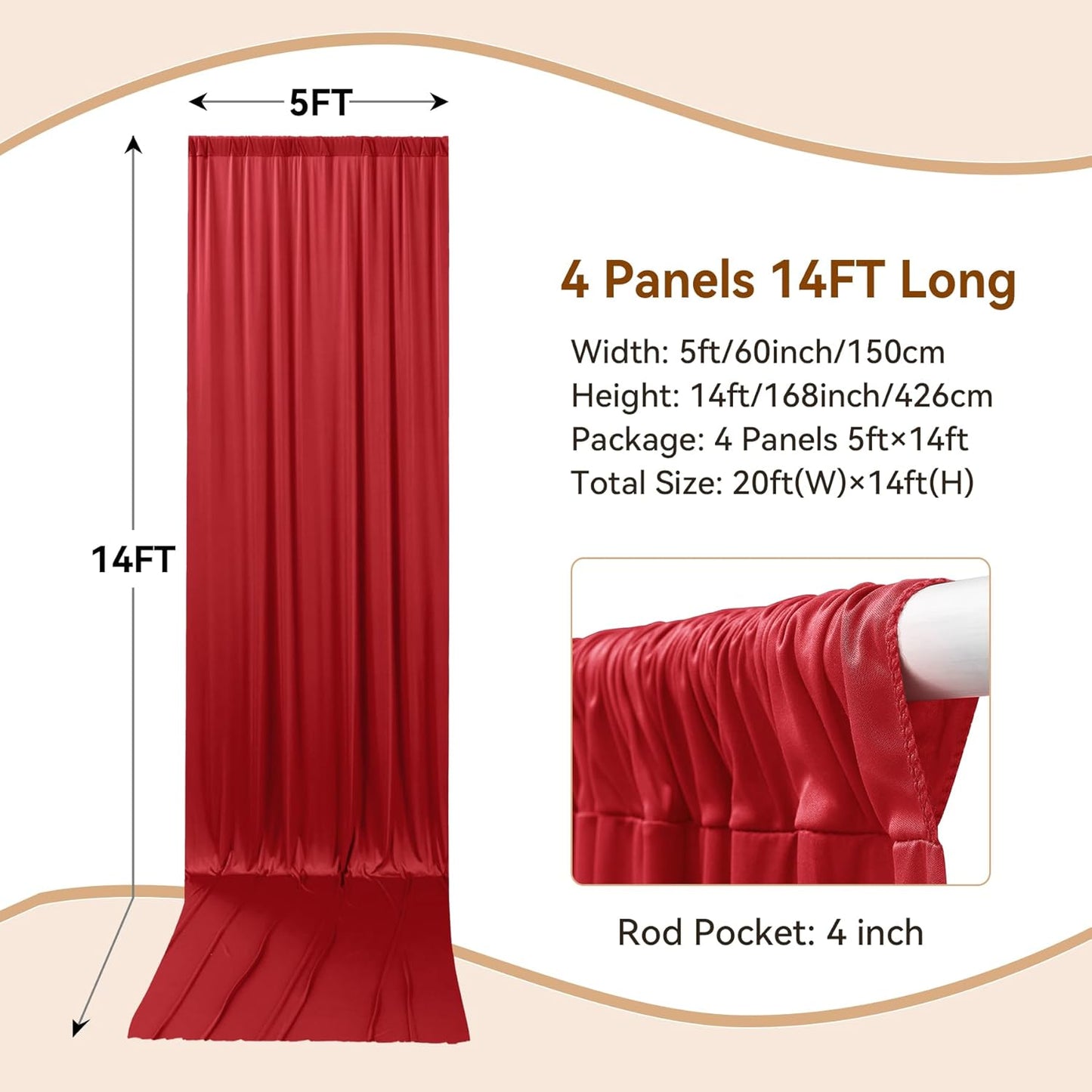 20×14ft Wrinkle Free Red Backdrop Curtain for Wedding Parties,2 Panels 5×14ft Height Soft Silky Polyester Backdrop Drapes Red Photo Back Ddrop Curtains for Event Photography Christmas Background Cloth