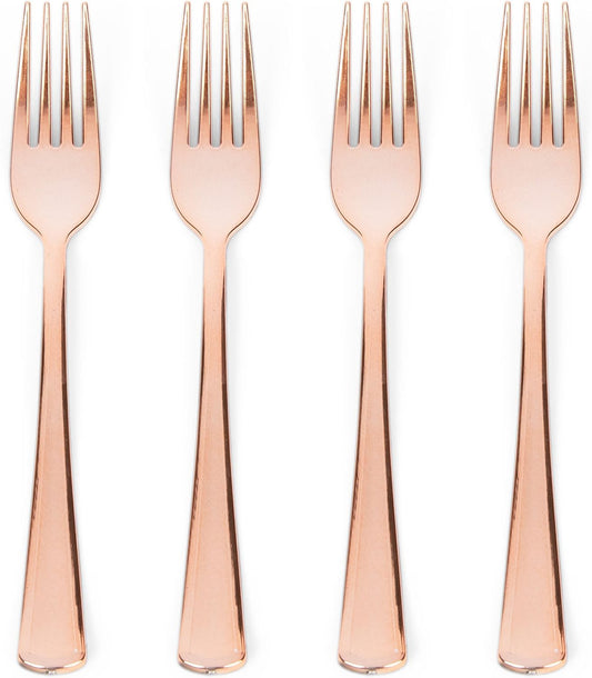 Prestee Set of 100 Rose Gold Plastic Forks Disposable - 7-in Heavy-Duty Fork Flatware - Bulk Pack Fancy Silverware - Sturdy Pink Cutlery for Weddings, Birthday Parties, Buffets, Catering and Events