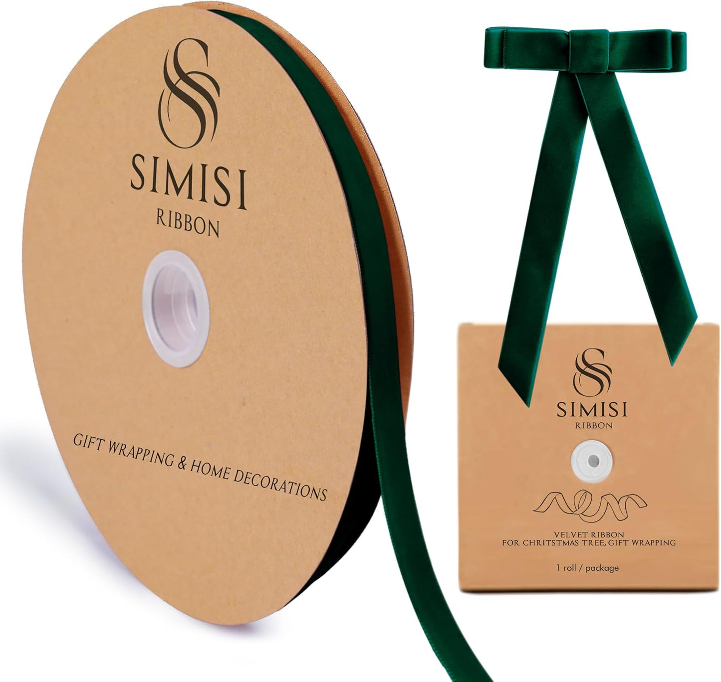 Dark Green Velvet Ribbon 3/8'' 25 Yards for Christmas Tree, Gift Wrapping, Flower Bouquet, Wreath Decorations, Bow Making