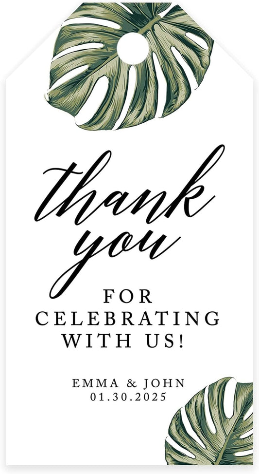 Andaz Press 100-Pack Personalized Thank You for Celebrating with Us Wedding Favor Tags with Bakers Twine Tropical Monstera Leaves Custom Cardstock Wedding Gift Tags for Party Favors 2 x 3.75-Inches