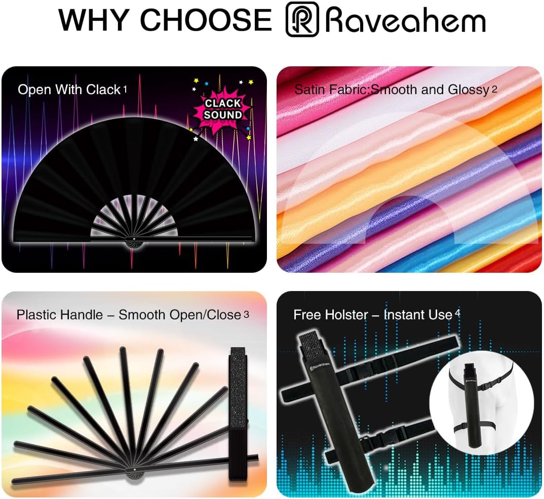 13" Large Folding Rave Fan with Holster, Clack Hand Fans Foldable for Line Dancing, Boots On The Ground Fan for Women Men Festival EDM Party Decoration, Purple