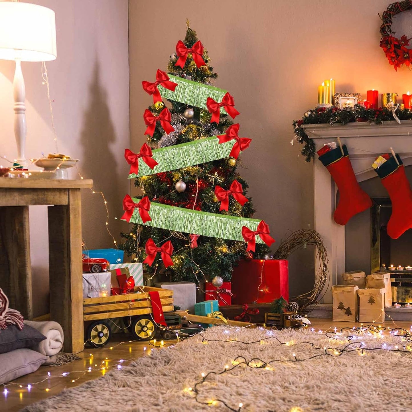 4 Pack 10 Feet Light Green Foil Fringe Garland Metallic Tinsel Streamers Banner Wall Hanging Curtain Backdrop for Parade Floats, Wedding, Graduate, Mother's Day, Birthday Party Decoration