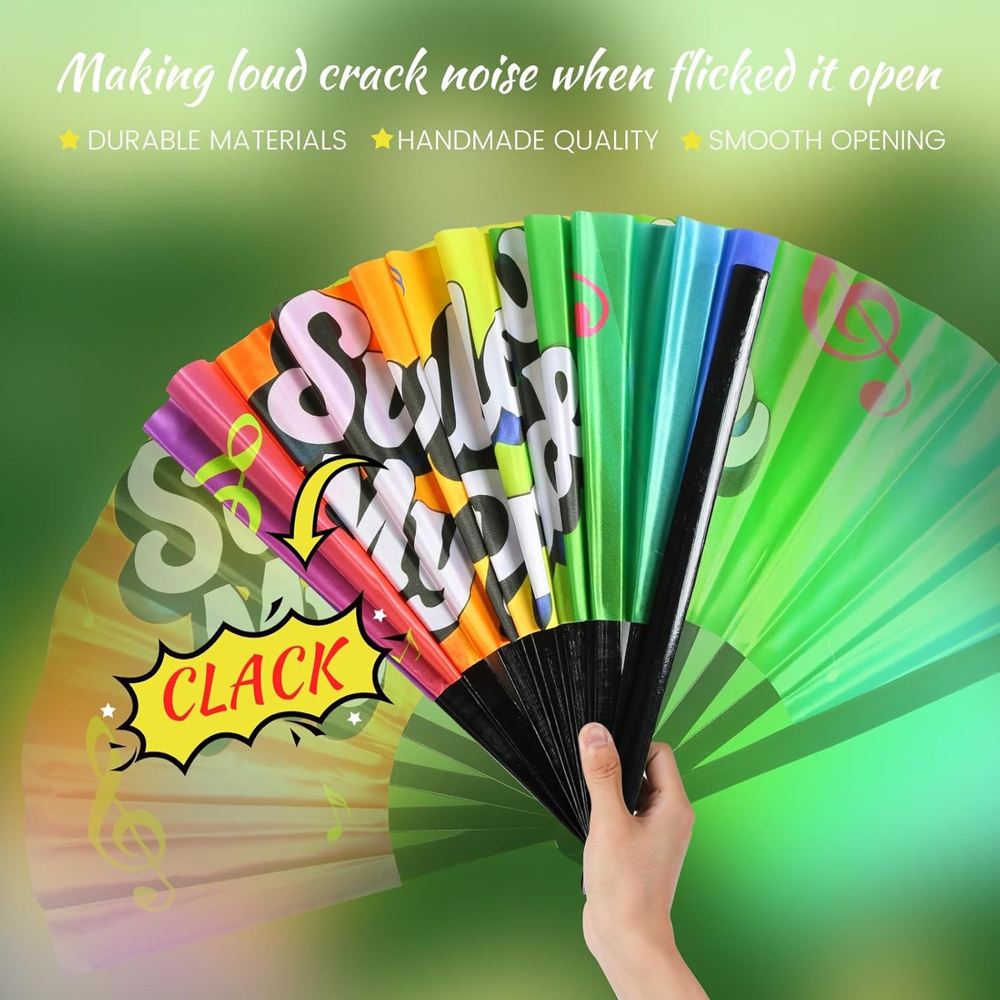SYNTECSO Folding Hand Fan for Rave, Popping Fan for Line Dancing, Drag Queen, Women and Men Gift，Chinese Japanese UV Glow Clack Fan for Parties, Music Festivals, EDM and Decoration