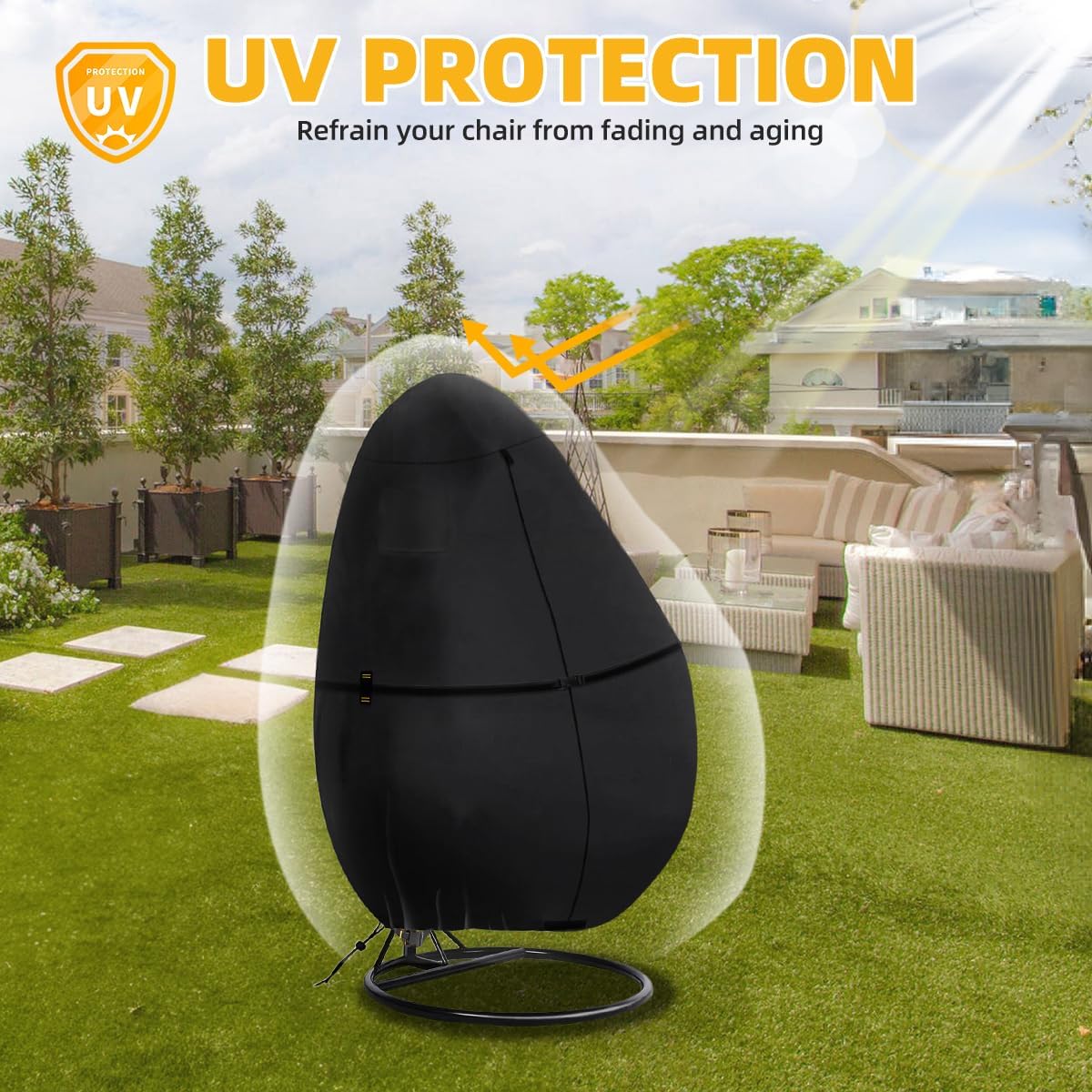 Outdoor Egg Chair Cover Waterproof with Zipper, UV Resistant & Windproof All-Weather Hanging Egg Chair Cover, Fade and Tear Resistant Hanging Chair Covers, 78" x 69", Black