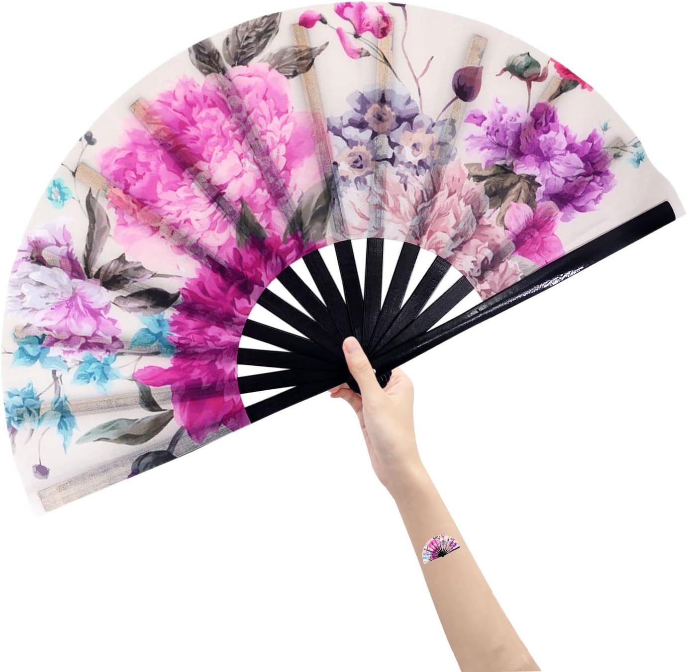 Amajiji Large Folding Hand Rave Fan Popping Fan for Line Dancing Clacking Fans for Boots On The Ground Dance,Party,Decoration,Festival (Peony Flower)