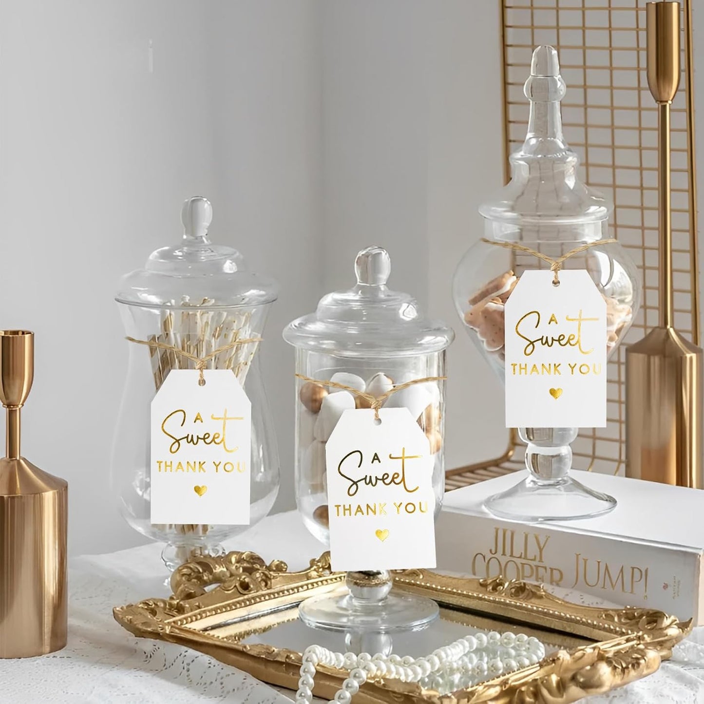 A Sweet Thank You Tags, joycraft 50Pcs Gold Thank You Gift Tags with String, 3x2 in White Kraft Paper Gift Tags, Sweet Thank You Tags for Wedding, Baby Shower, Birthday, Anniversary, Gift Wrap