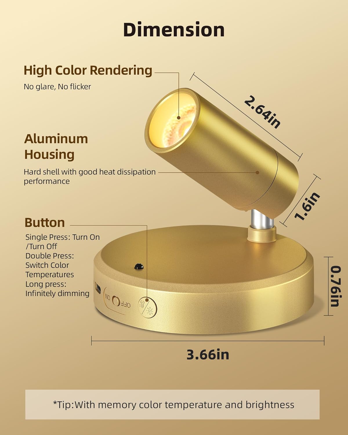 EZVALO LED Spotlight Indoor, 5500mAh Rechargeable Battery Picture Lights, Wireless Mini Art Accent Spot Lights with Remote, Uplighting Indoor for Plants Display Painting Artwork Portrait (1Pack-Gold)