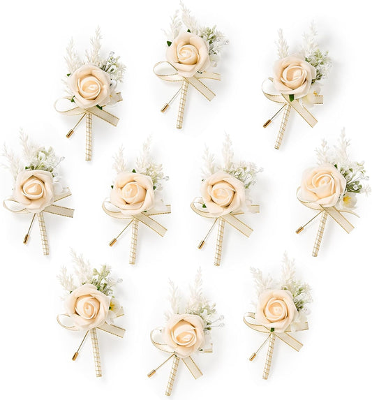 Serwalin 10Pcs Boutonniere for Men Wedding, Champagne Groom and Best Man Boutonniere, Artificial Flowers for Wedding Decor Prom Homecoming Ceremony Anniversary Formal Dinner Party