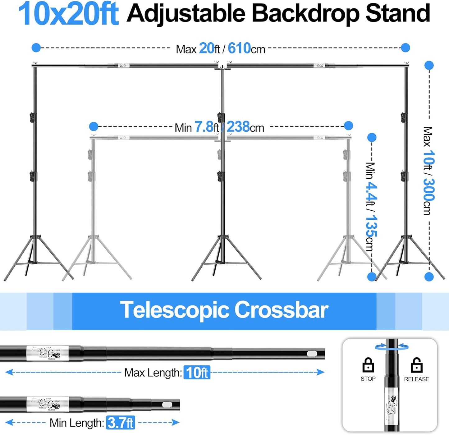 FUDESY 10x20ft Backdrop Stand Heavy Duty Adjustable Photography Background Support System with Angle Rotatable Connector, Spring Clamps, Sandbags, Ring Clips, Carry Bag for Photo Video Studio, Wedding
