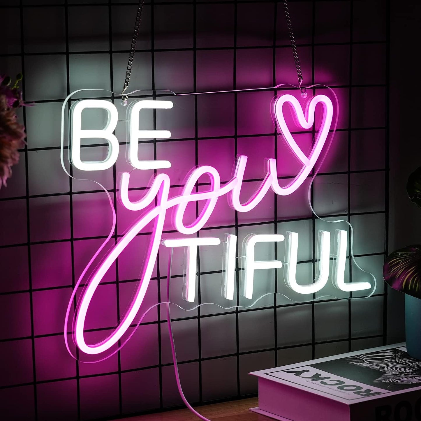 Be Your Tiful Neon Sign Dimmable Letter Neon Signs White Pink Wall Decorative Lights Powered USB with Switch for Bedroom Kid Room Shop Apartment Birthday Party Wedding （15.7’’X11.8’’）
