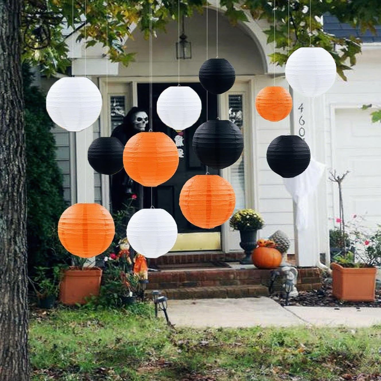 Orange Black White Paper Lanterns Decorative 12pcs Halloween Hanging Decorations for Graduation Thanksgiving Birthday Party Decorations