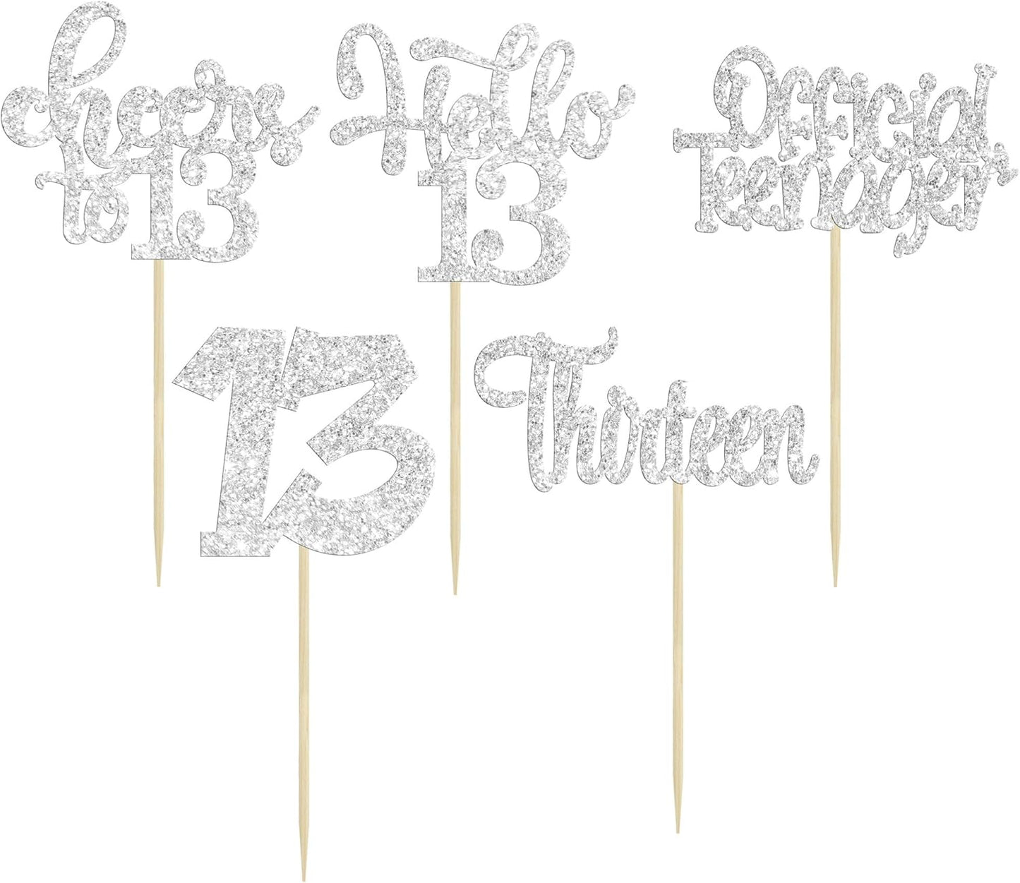 30Pcs 13th Birthday Cupcake Toppers Hello 13 Cupcake Picks Official Teenager Cheers to 13 Years Old Cake Decorations for 13th Birthday Anniversary Party Supplies Silver Glitter