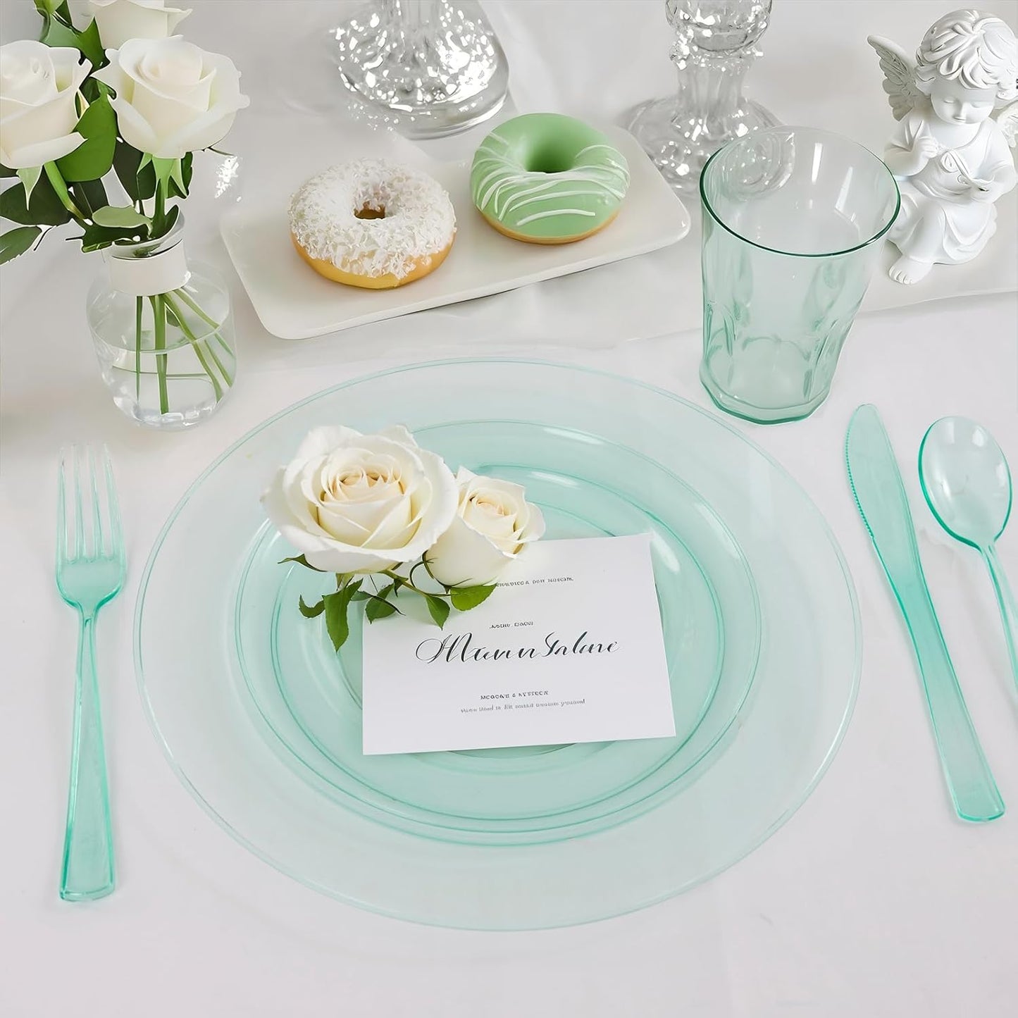 WDF 180 Pieces Green Plastic Silverware Disposable - Clear Green Cutlery Sets 60 Forks, 60 Knives and 60 Spoons - Heavy Duty Plastic Utensils for Party, Summner