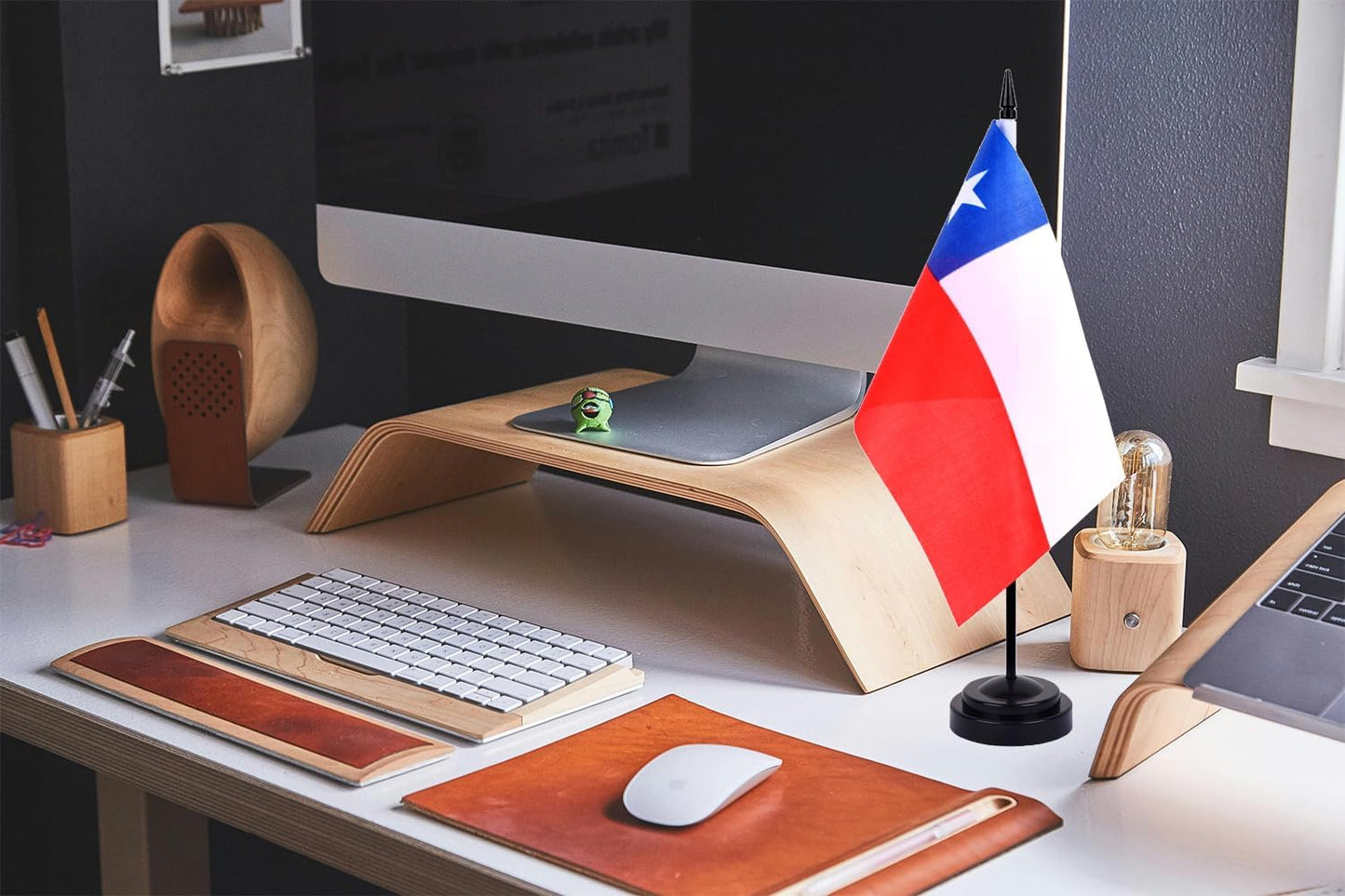 WXTWK 2 Pack Chile Flag Chile Deluxe Desk Flag Set - Mini Small Chilean Table Office Flags with Black 12" Solid Pole Stand Base Classroom Meeting Desktop Decorations