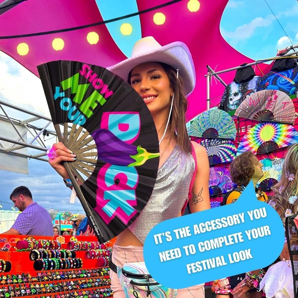 Kandies World UV Reactive Custom Festival Folding Hand Fan - Unique Designs, Made of Bamboo, Clacking Sound, Lightweight - Perfect Rave and Festival Accessory!