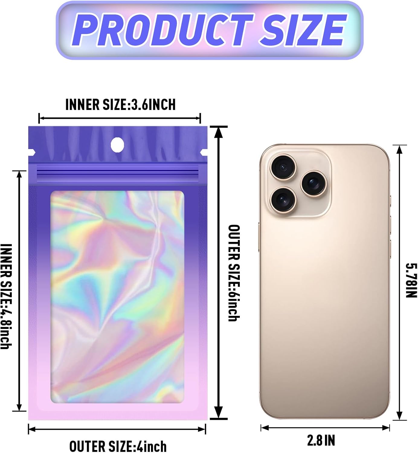 Funfery 100 Pack Holographic Bags,Mylar Resealable Bag with Zipper,Clear Window Packaging Pouch,Foil Bags for Food Storage,Sample Jewelry Baggies(4×6in,Purple Pink)