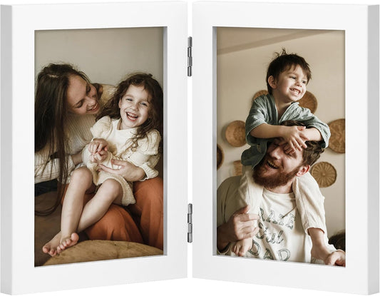 decorUhome Double 4x6 Picture Frame Vertical, Engineered Wood Bifold Photo Frame with Plexiglass for Tabletop Display, 4x6, White