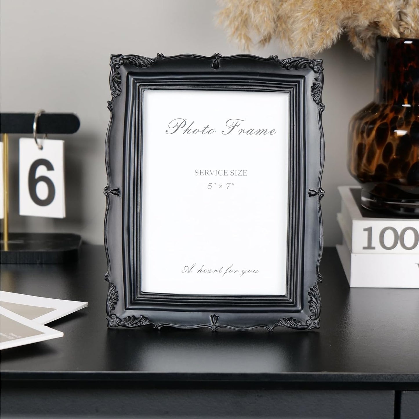 Cuspin Vintage 5x7 Picture Frame Black, Handmade Resin Frame with Carved Texture & Glass Front, Antique Retro Design for Tabletop Display or Wall Hanging, Black Photo Frames Home Decor
