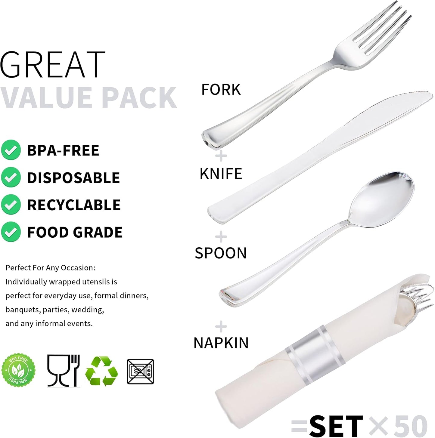 50 Pack Pre Rolled Silver Plastic Silverware Set, Disposable Wrapped Plastic Cutlery Set (50 Forks, 50 Knives, 50 Spoons, 50 Napkins) for Wedding Party
