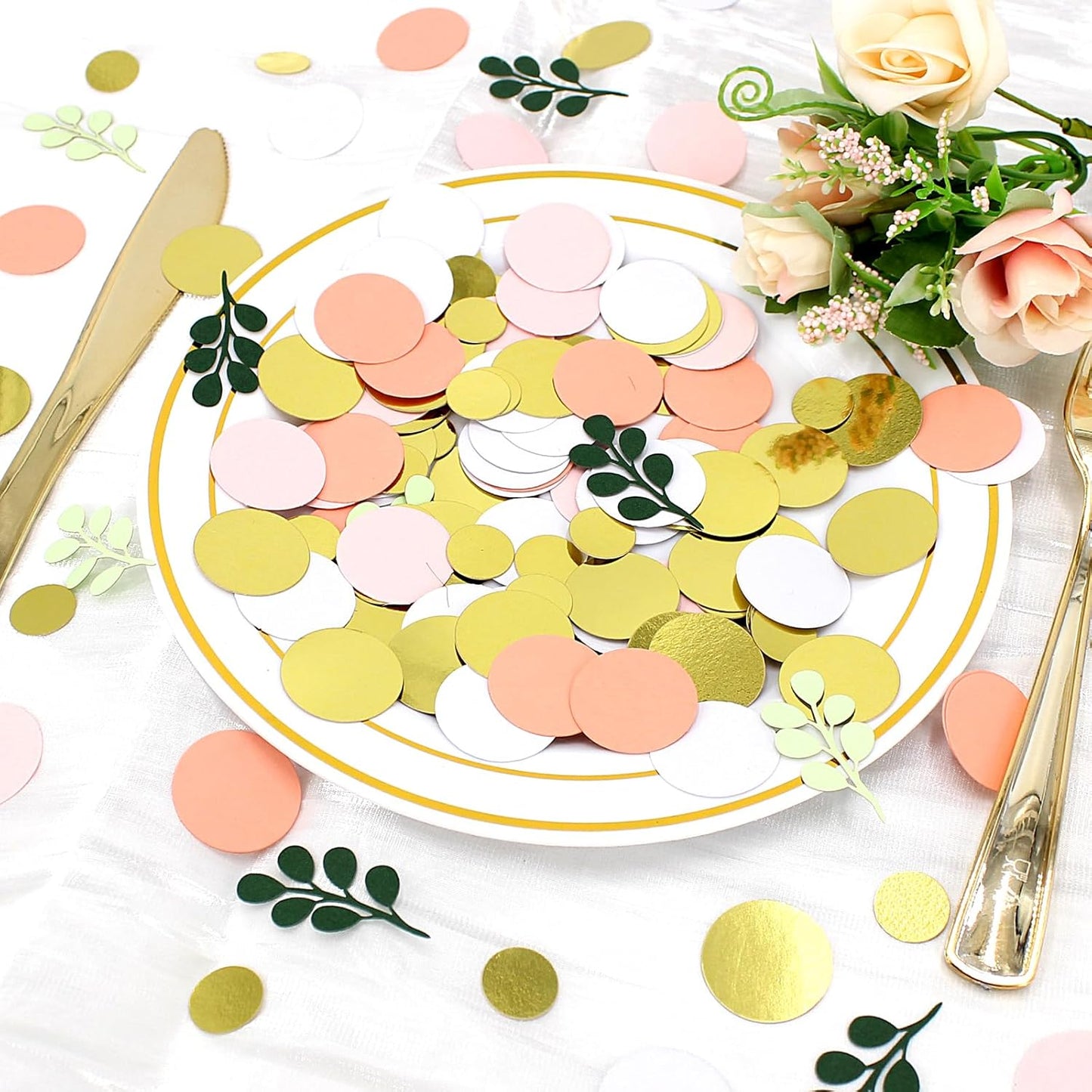 300PC Sage Green Gold Pink Round Dots Confetti for Girl Baby Shower Decorations Greenery Eucalyptus Scatter Birthday Decorations for Women Bridal Shower Wedding Confetti Party Decor Supplies