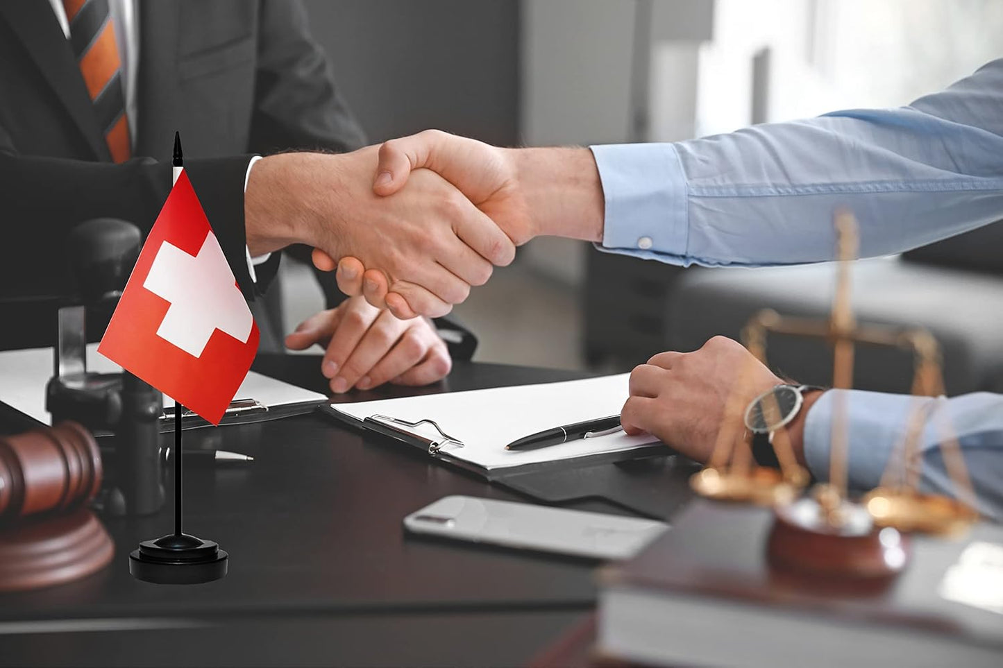 Switzerland Swiss Deluxe Desk Flag Set Small Mini Miniature Switzerland Swiss Table Desktop Flags With Solid Pole, Black Base and Spear Top(2 Pack)