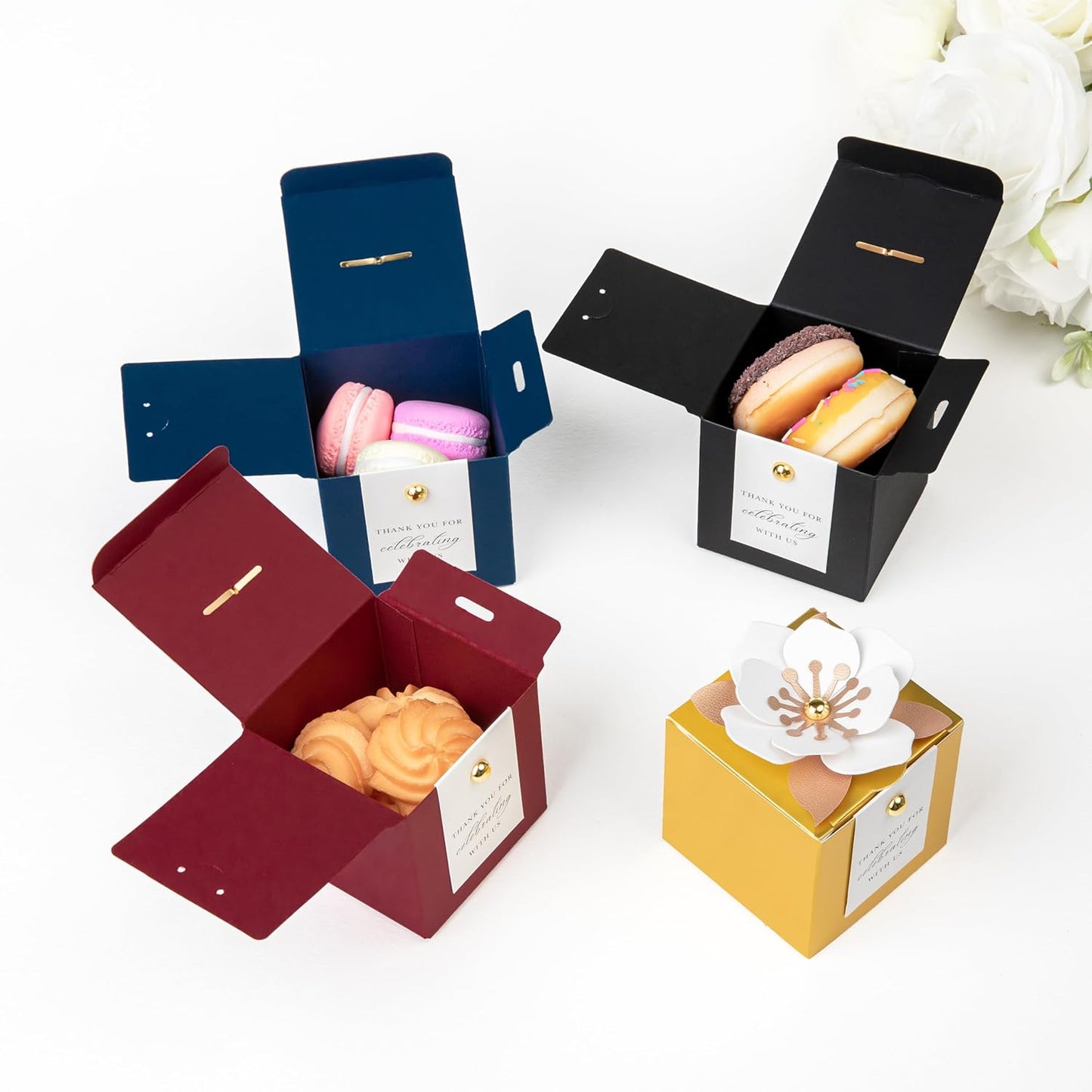 FEIYI 20 PCS Candy Boxes, 3 In 1 Black Favor Boxes with Floral Decor, White Thank You Tags Gift wrapping for Wedding Birthday Baby Shower Decorations Party -2.55x2.55x2.55''